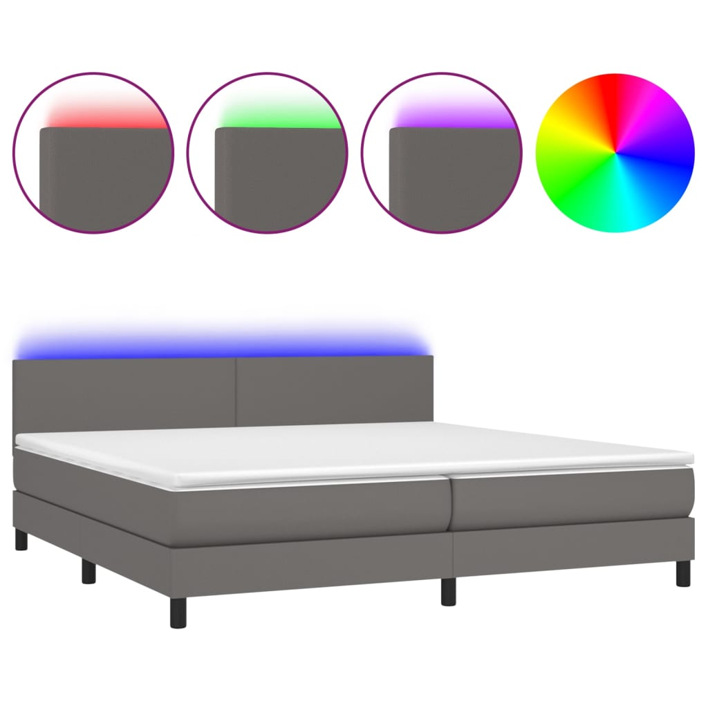 Cama Box Spring Colchón Y Led Cuero Sintético Gris 200x200 Cm / Vetonek_5