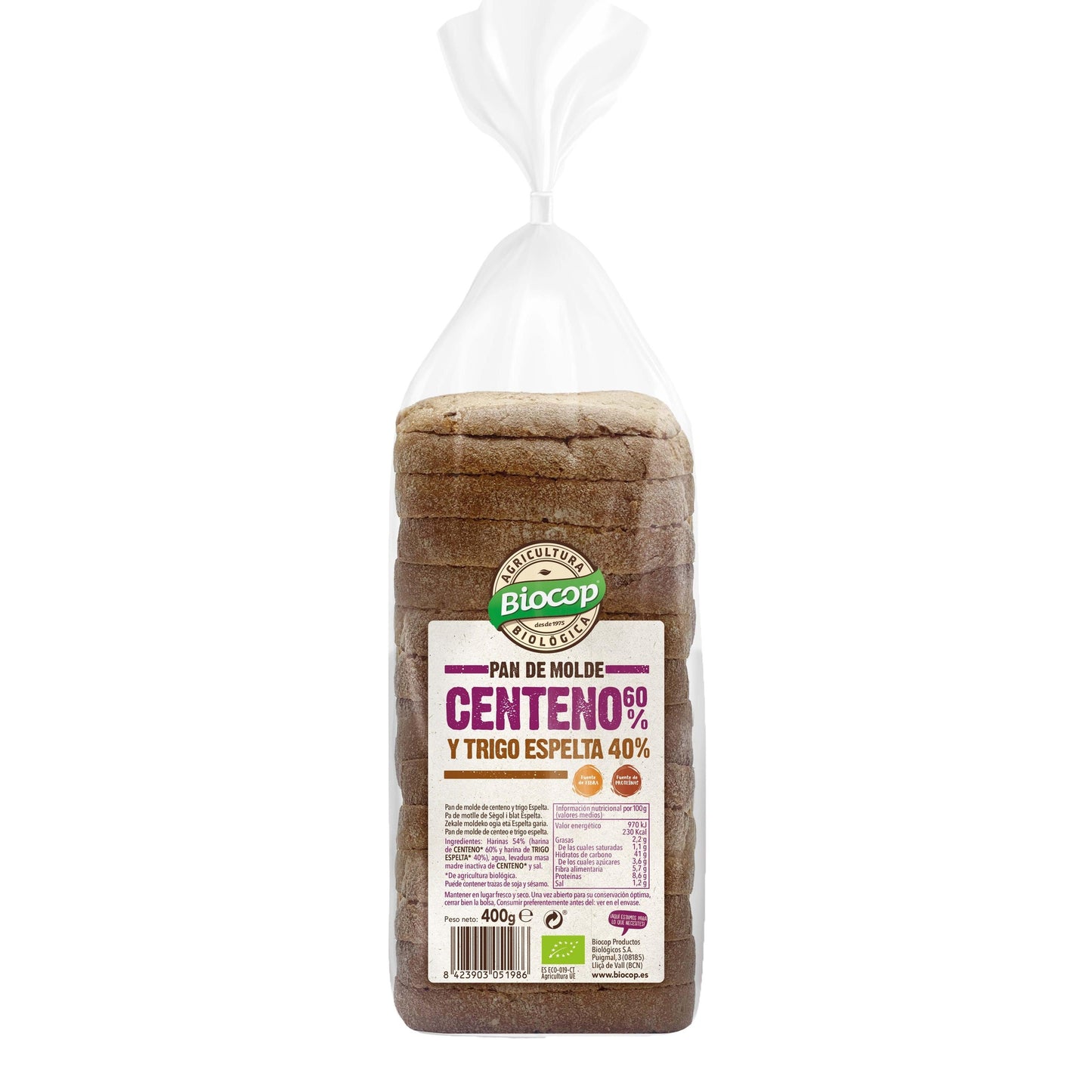 Pan de molde de Centeno 60% y Trigo de Espelta 40% Bio Biocop 400 g