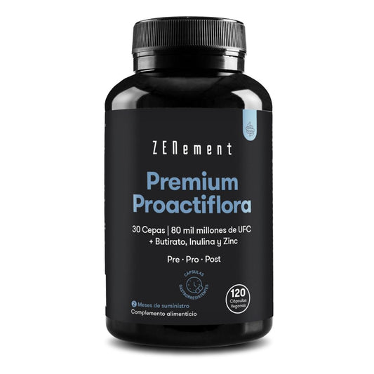 Premium Proactiflora, 30 Cepas | 80 mil millones de UFC + Butirato, Inulina y Zinc Zenement, 120 comprimidos