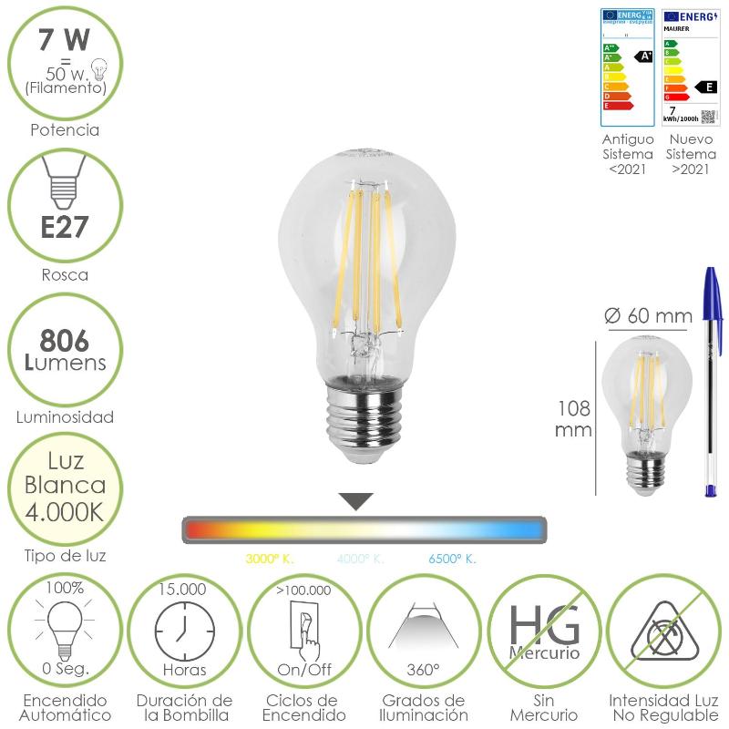 Bombilla Led Filamento Standar Rosca E27. 7 Watt. Equivale A 50 Watt. 806 Lumenes. Luz Neutra 4000º K._0