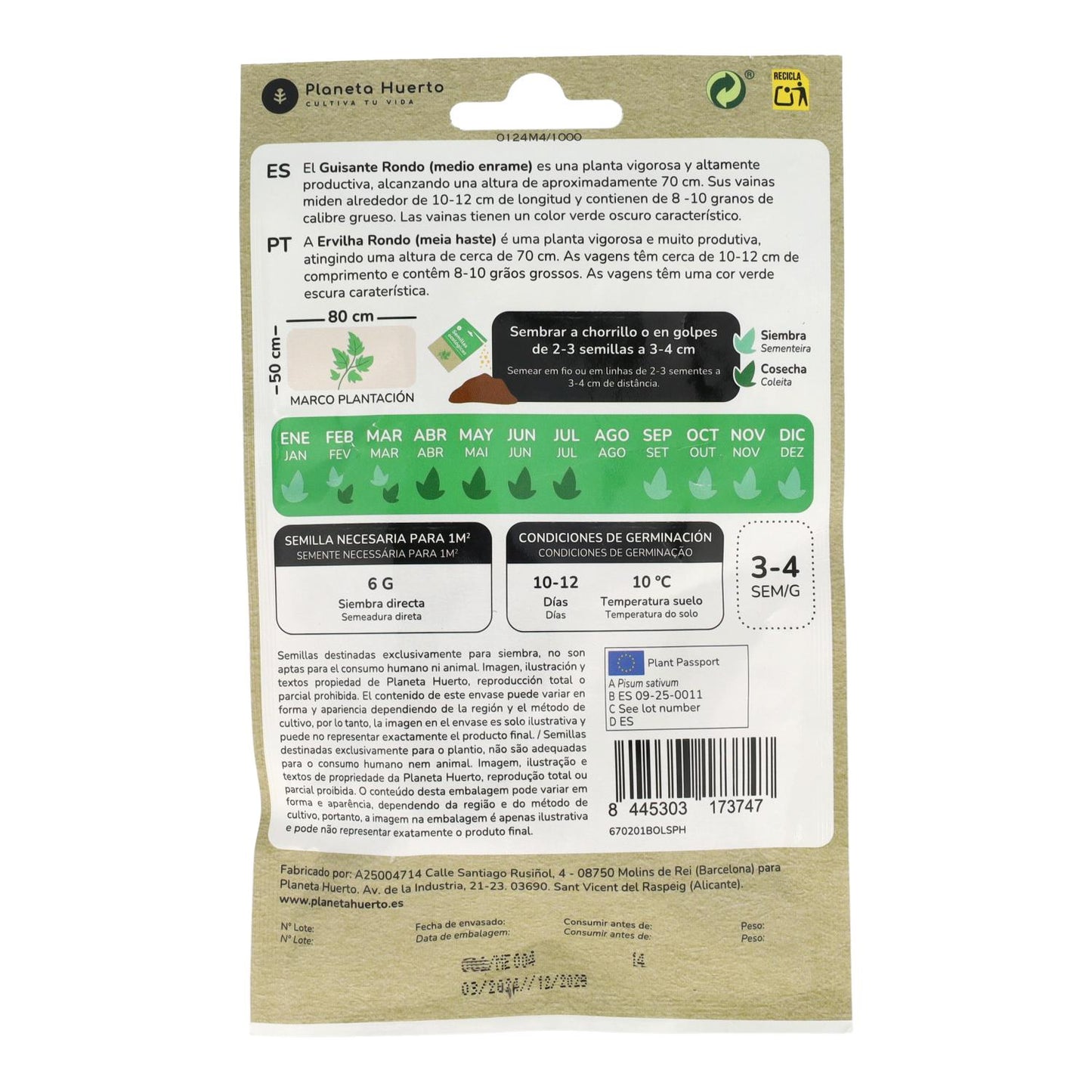 Semillas de Guisante rondo 1/2 enrame ecológicas Planeta Huerto