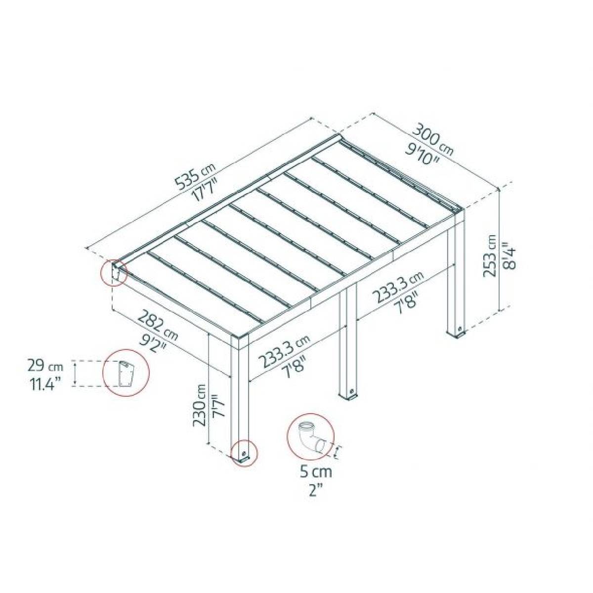 Pérgola adosada de madera de cedro Helsinki 300x535 cm Canopia
