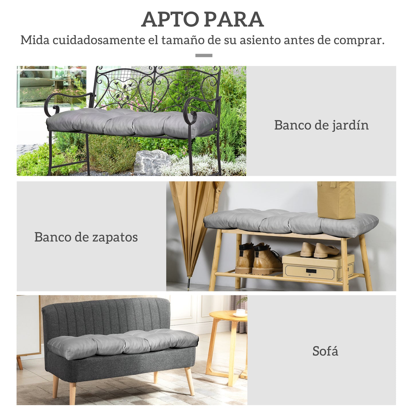 Outsunny Cojín Para Banco De 2 Plazas 110x48x8cm Para Interiores Exteriores Gris_5