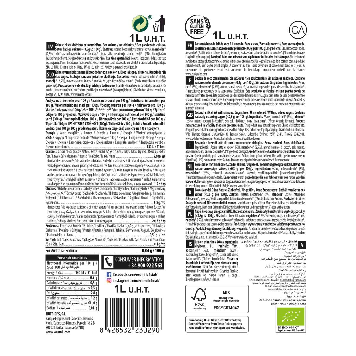 Bebida Coco y Almendra sin azúcar Ecomil 1L