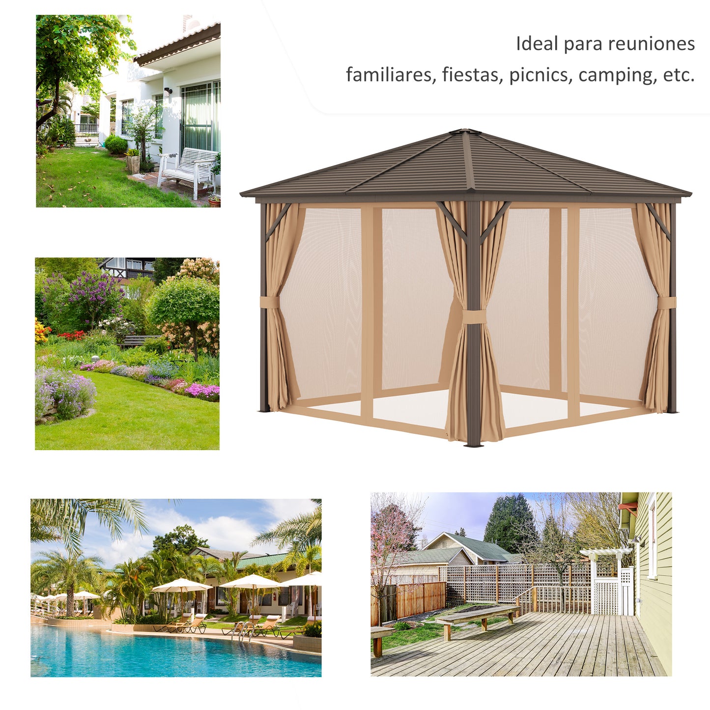 Outsunny Cenador De Jardín 3x3 M Aluminio Con 4 Cortinas Y 4 Mosquiteras Marrón_5