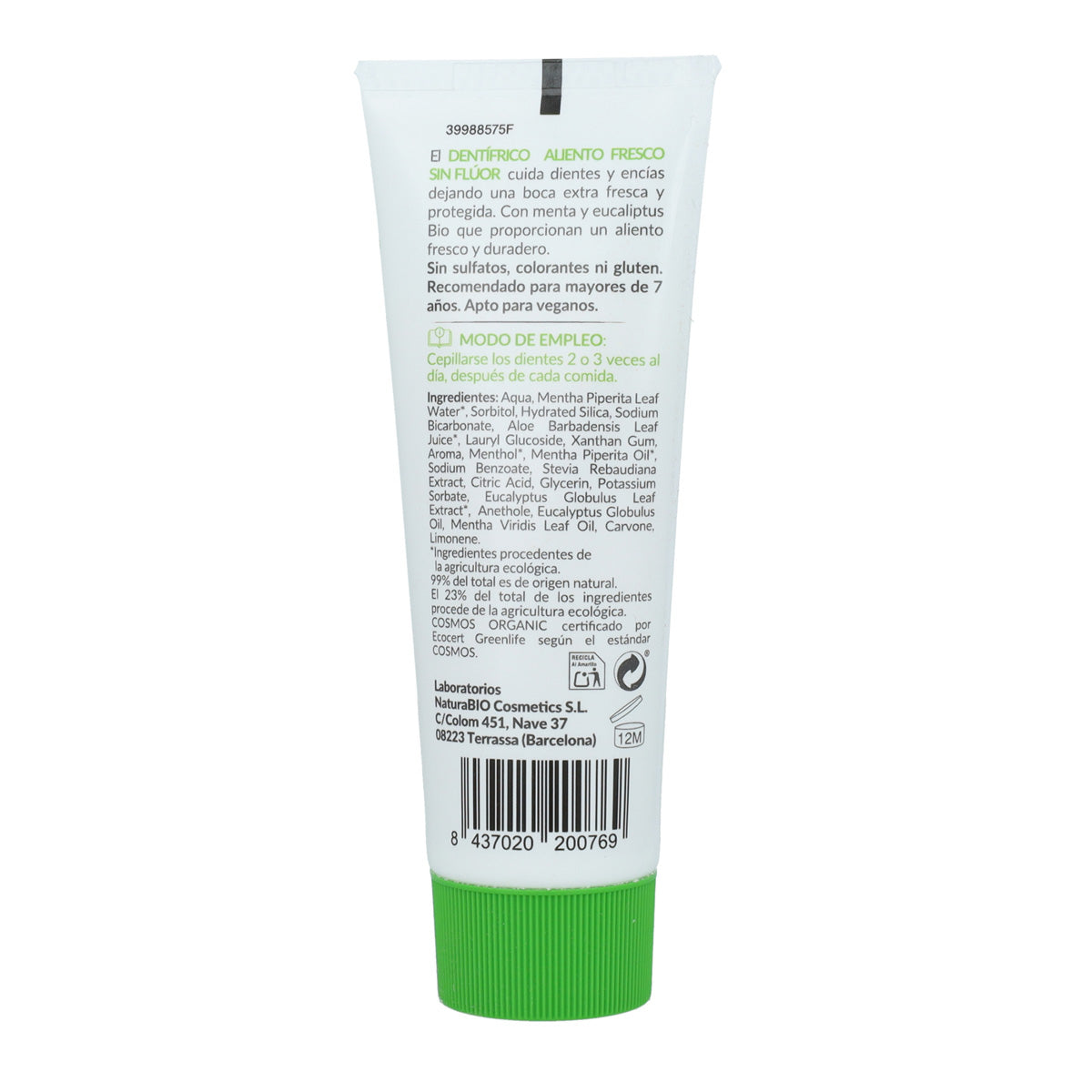 Dentífrico Aliento Fresco Menta sin fluor HappyBio 75ml