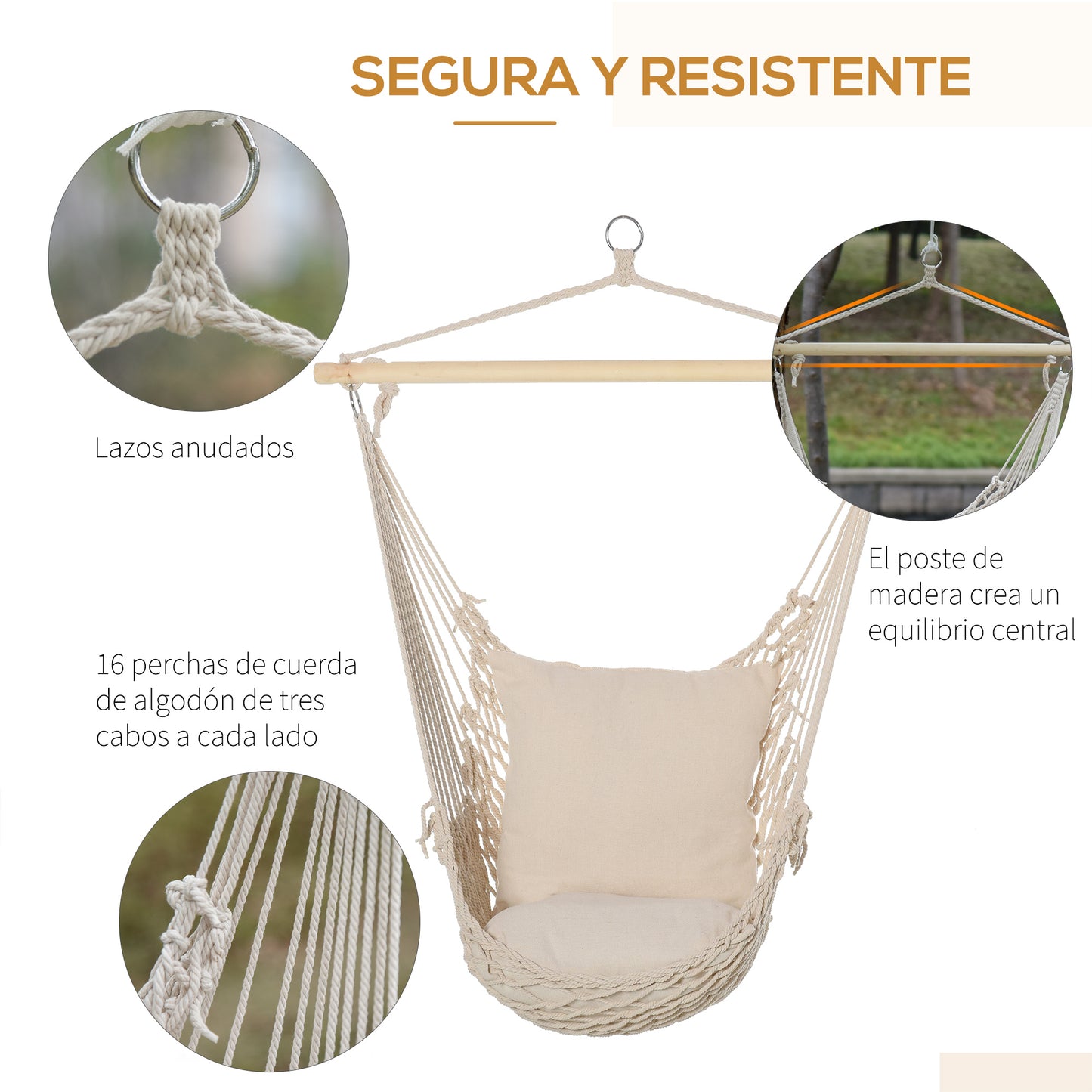 Outsunny Silla Colgante Con 2 Cojines Barra De Madera Carga 120 Kg Crema_5