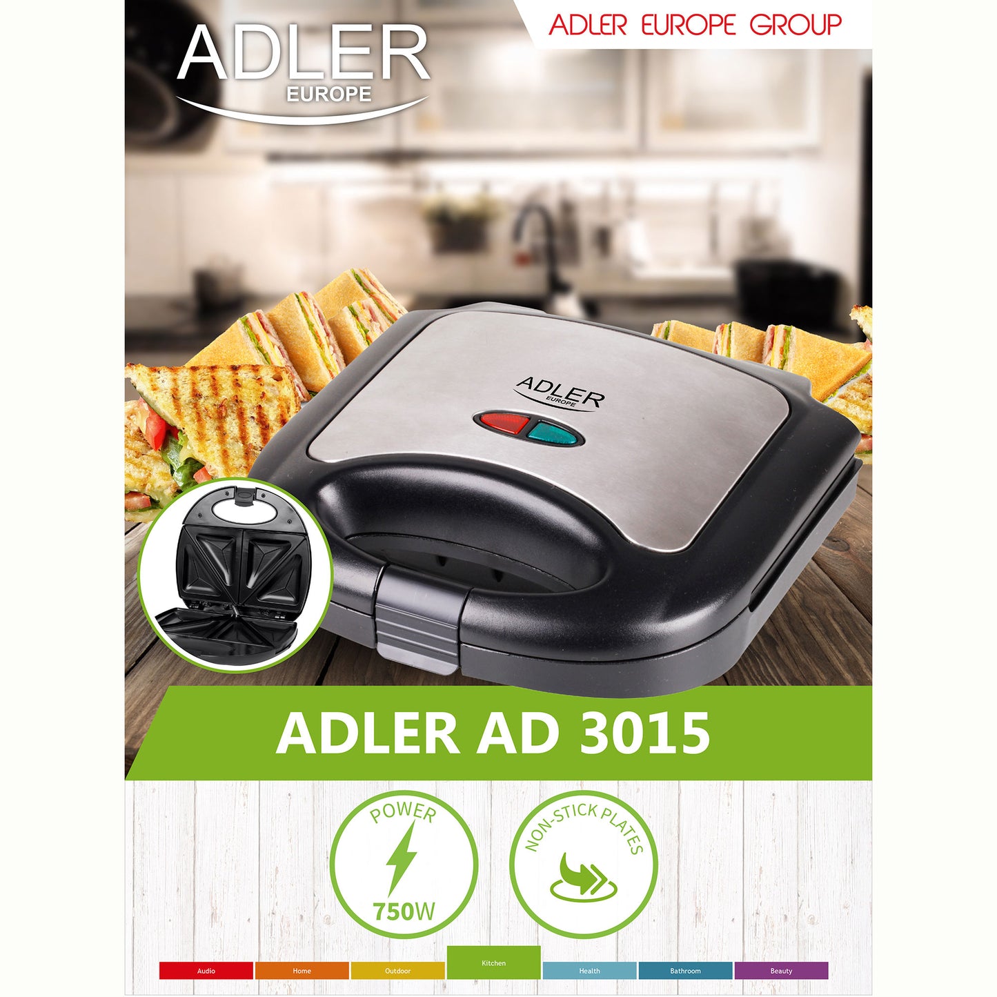 Sandwichera, 2 Sandwiches, Placas Antiadherentes, Tostado Perfecto, Acero Inoxidable, Compacta Adler Ad3015 850w
