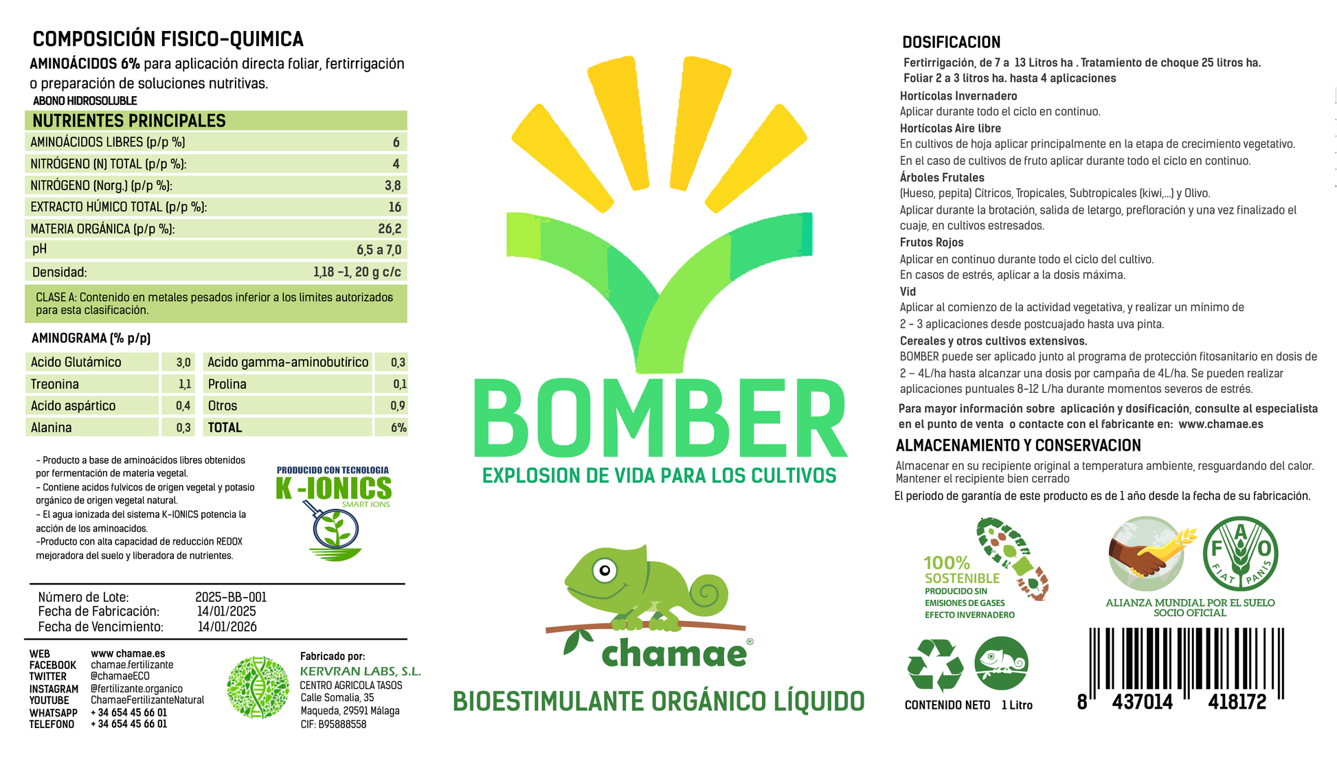 Bioestimulante Bomber Con Aminoácidos De Origen Vegetal Chamae 1 Litro.