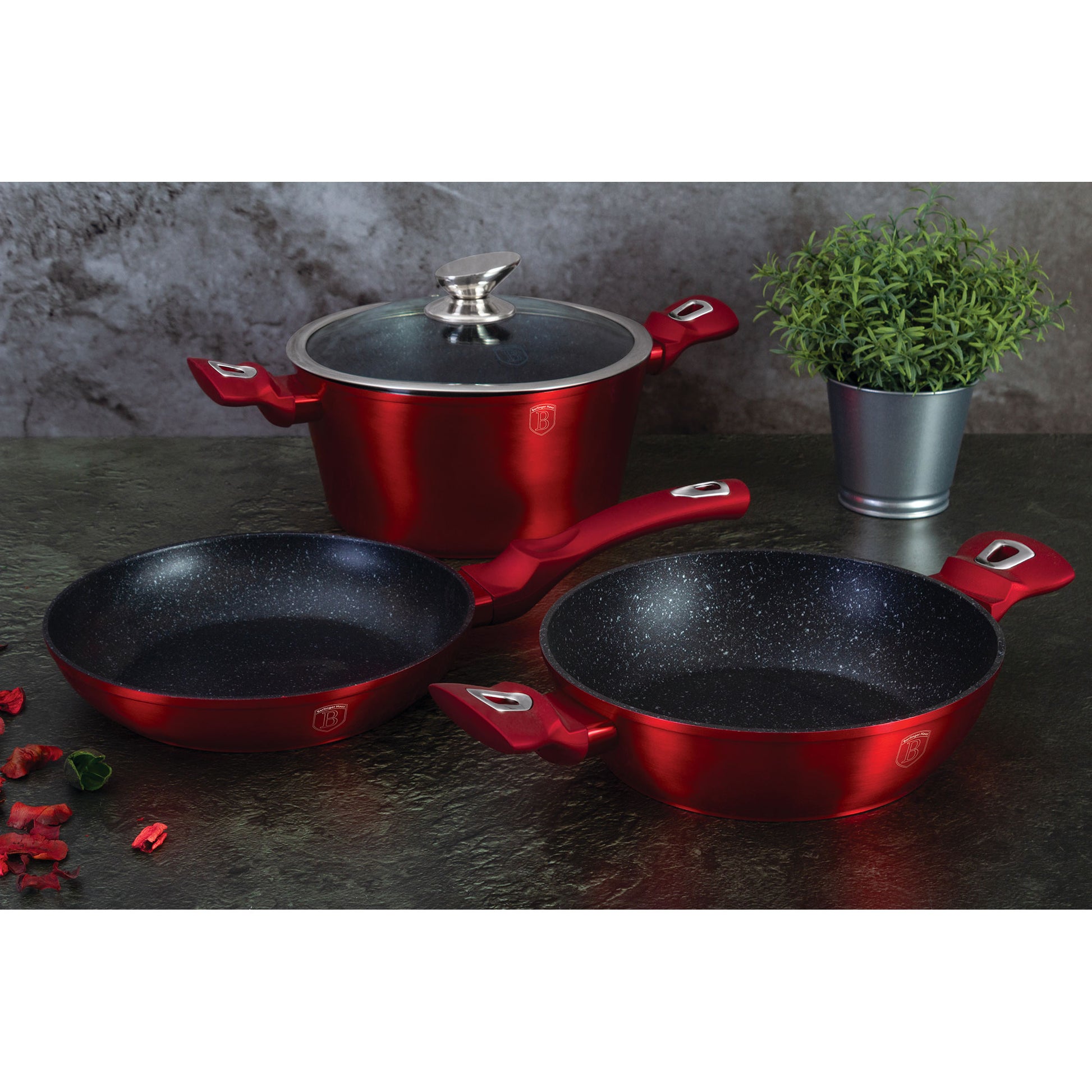 Batería De Cocina Aluminio Forjado Antiadherente Sin Pfoa, Set 2 Cacerolas, 1 Sartén, Tapas Berlinger Haus Burgundy Rojo