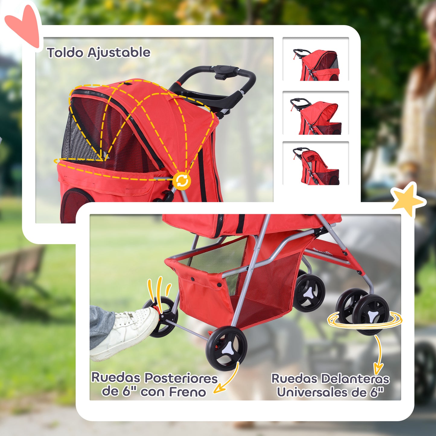 Pawhut Cochecito Mascotas Plegable Toldo Ajustable Tela Oxford 77x45x99,5cm Rojo_5