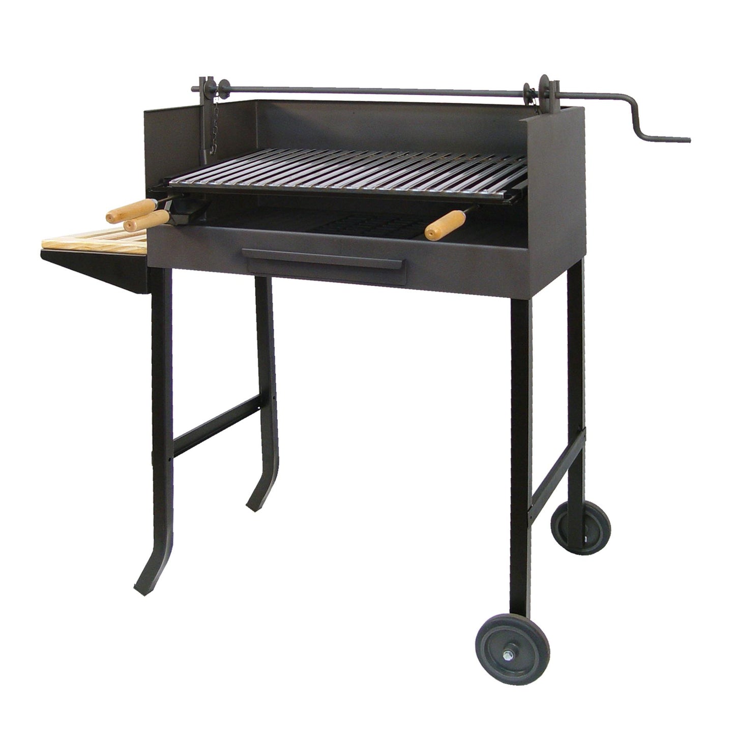 Barbacoa con ruedas, parrilla de acero inox. con elevador y bandeja lateral