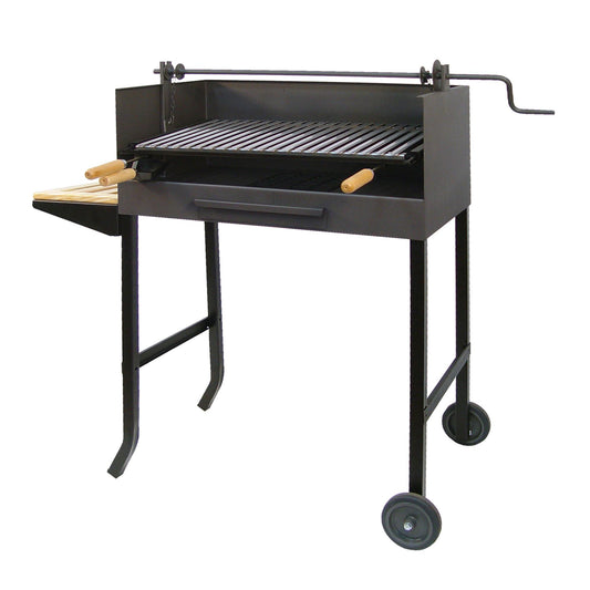 Barbacoa con ruedas, parrilla de acero inox. con elevador y bandeja lateral
