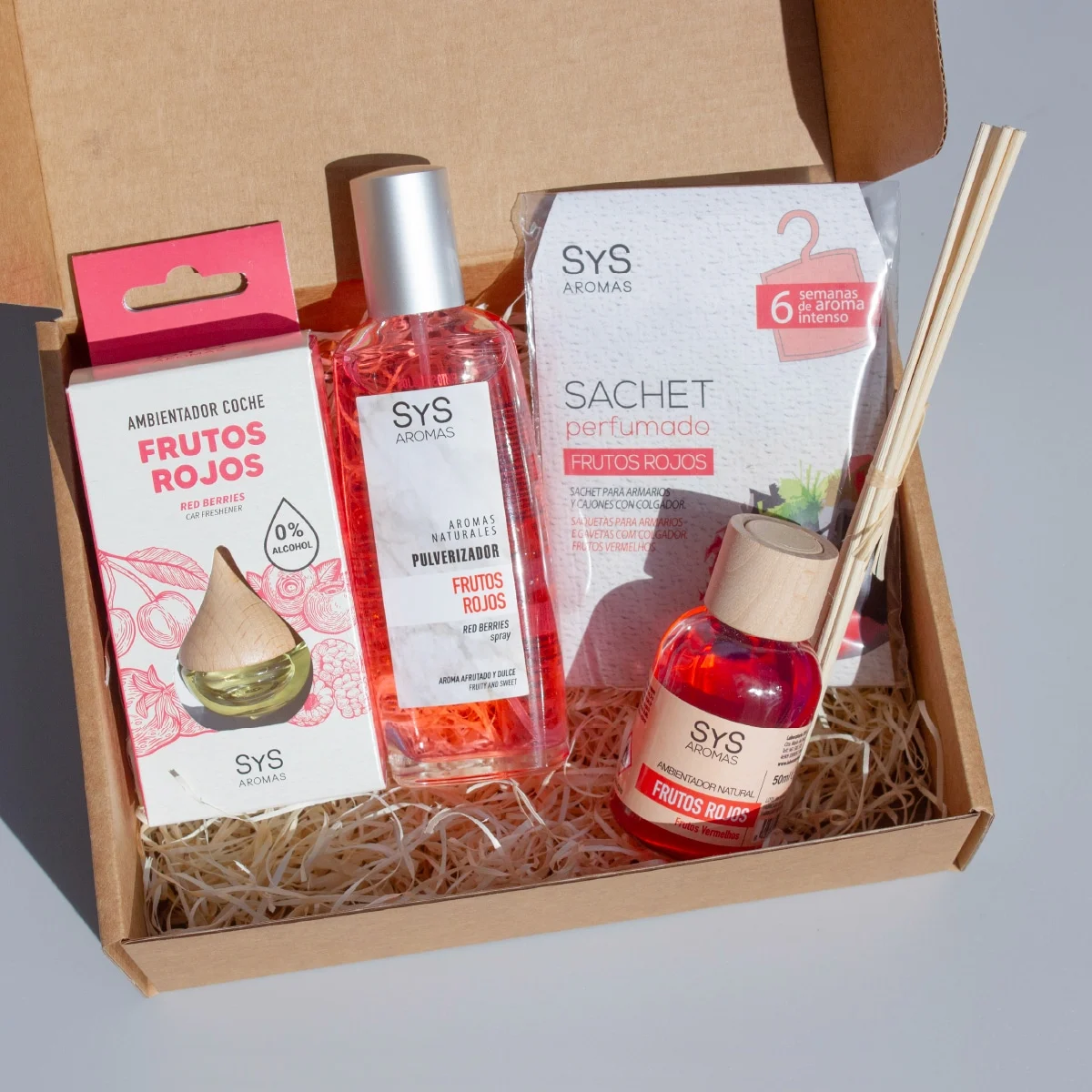 Pack Aroma Frutos Rojos SYS Aromas | Ambientador de Coche 6 ml, Pulverizador 100 ml, Mikado 50 ml y Sachet 12 g_2
