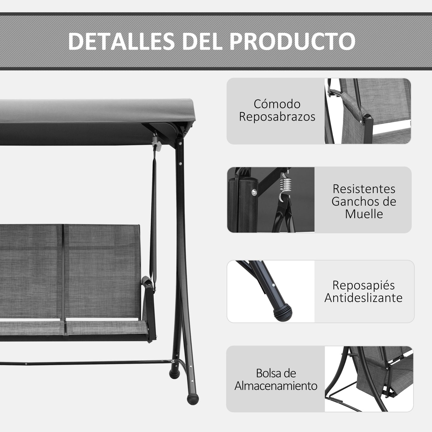 Outsunny Columpio De Jardín De 3 Plazas Con Techo Ajustable 196x128x172 Cm Gris_5