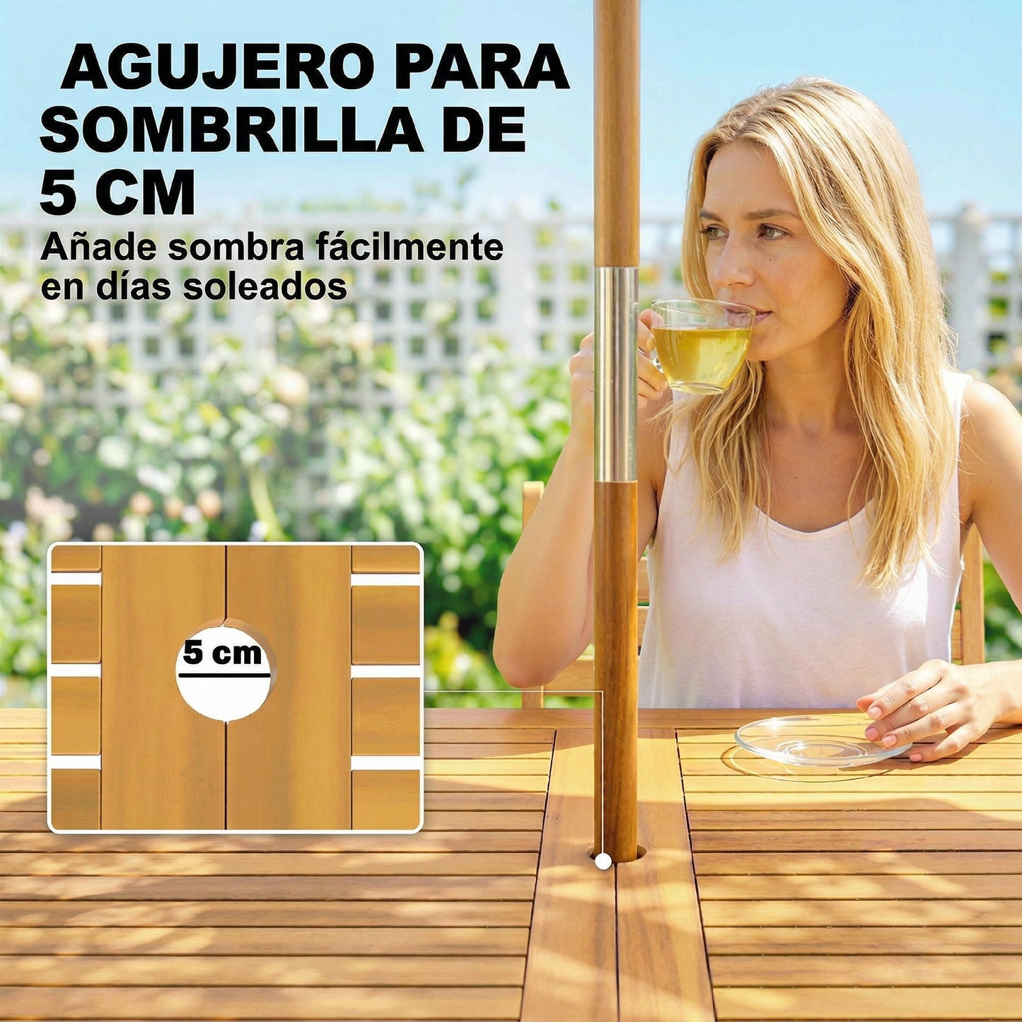 Outsunny Mesa De Comedor De Jardín Con Encimera De Madera Orificio Natural_5