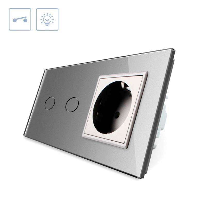 Interruptor Táctil, 2 Botones + 1 Enchufe, Frontal Gris_1
