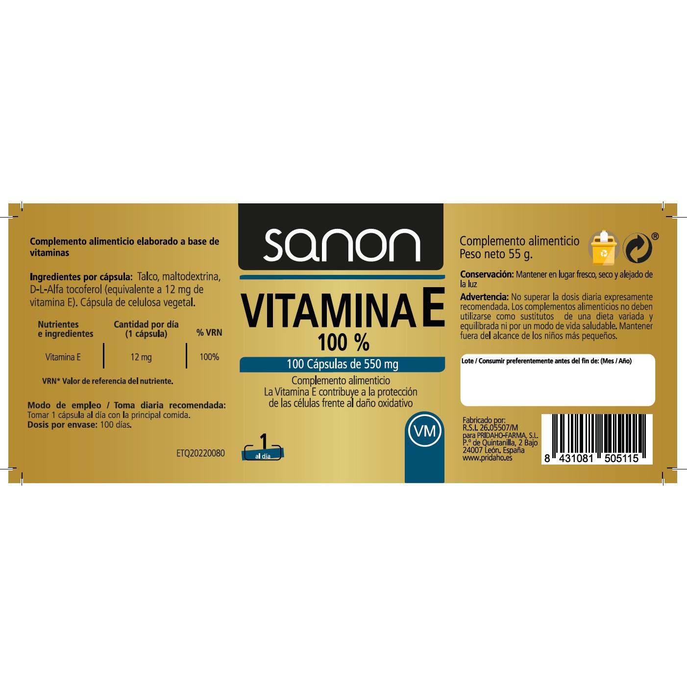 Vitamina E 100% SANON 100 cápsulas de 550 mg