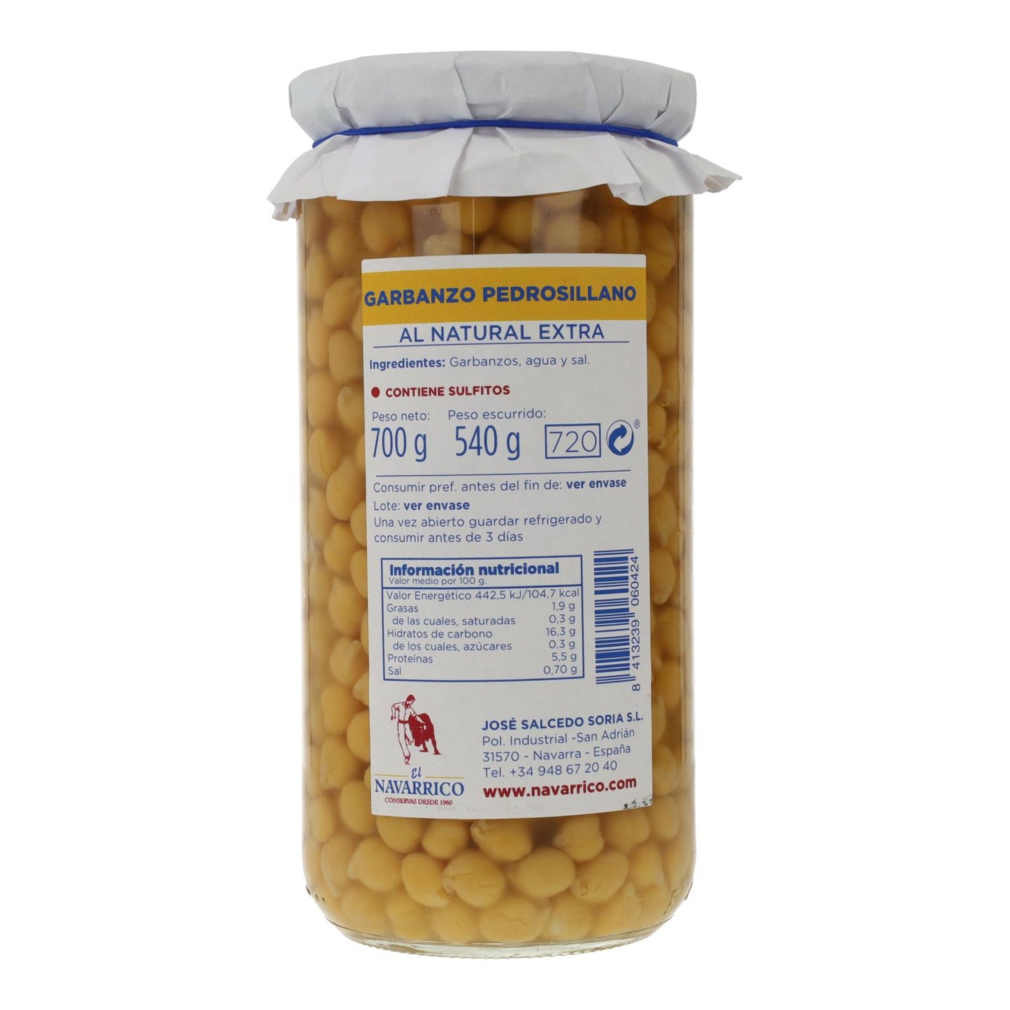 Garbanzo pedrosillano en frasco El Navarrico 720 ml