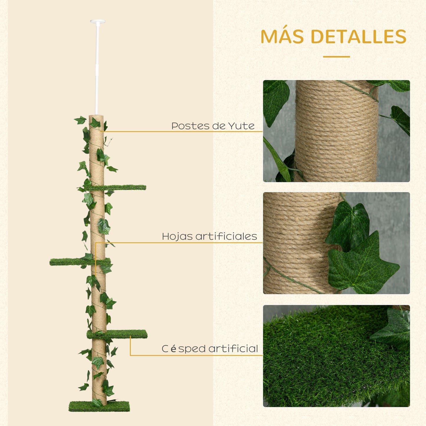 Pawhut Árbol Para Gatos Del Suelo Al Techo 37x21x202-242 Cm Con Altura Ajustable_5