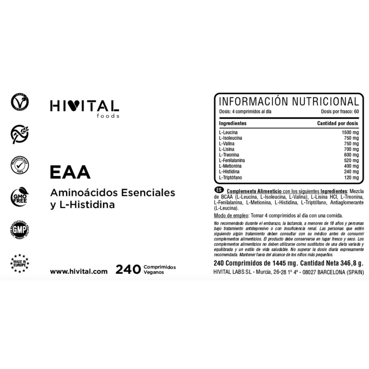 EAA aminoácidos esenciales Hivital 240 comprimidos veganos