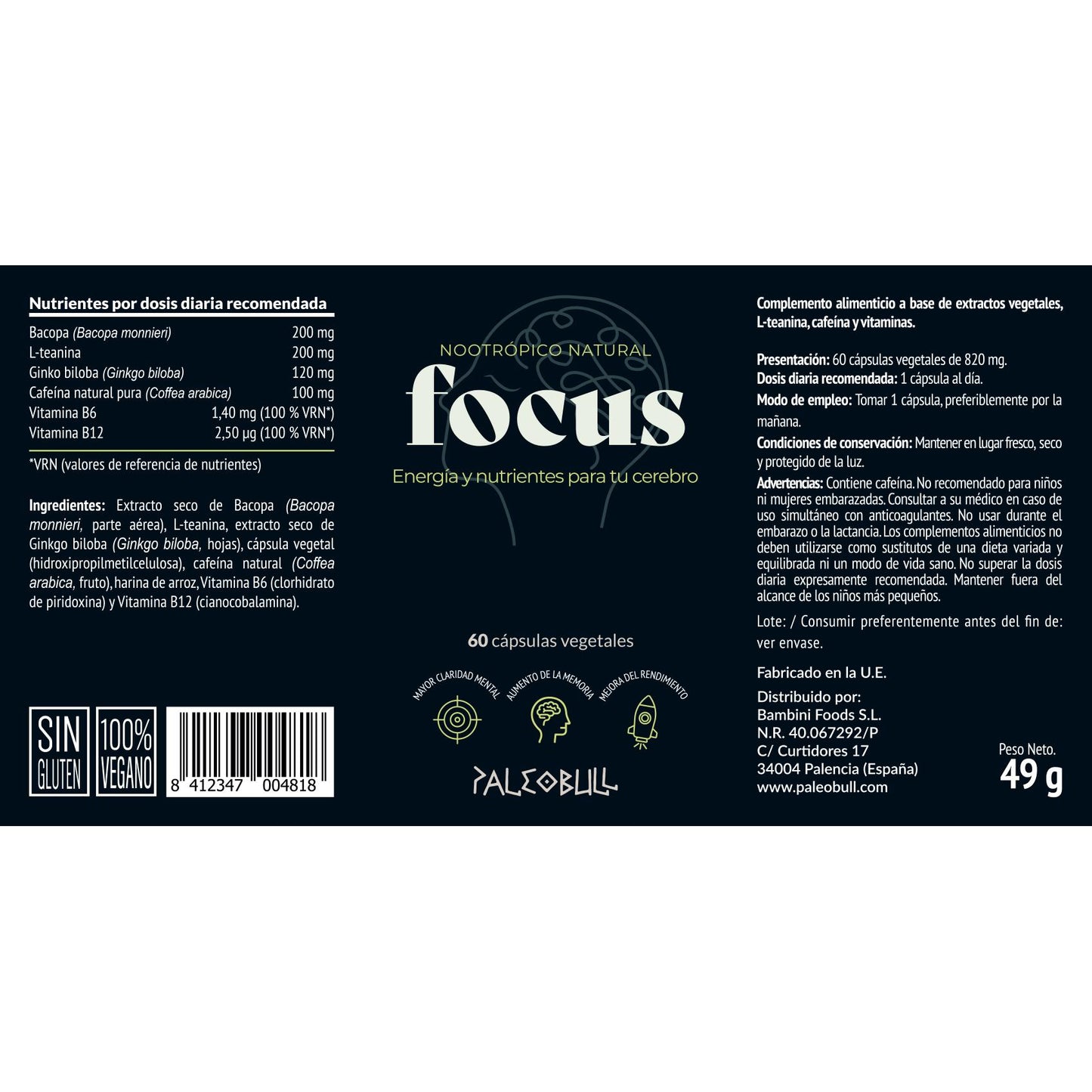 Focus Nootrópico Natural Paleobull  60 Caps