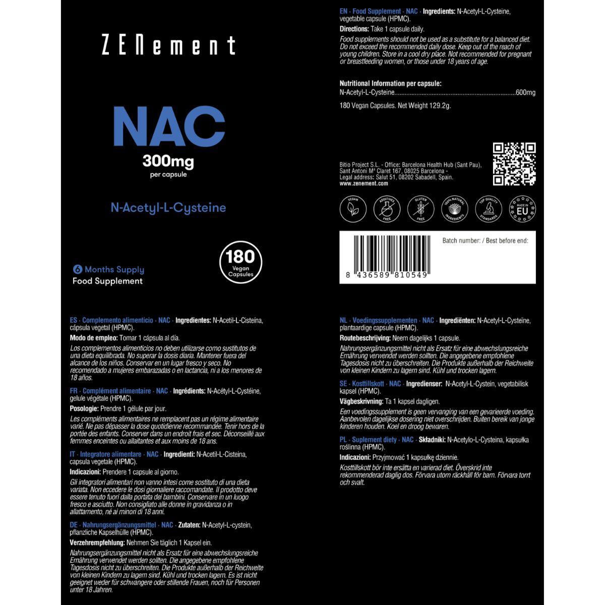 NAC N-Acetil-Cisteína, 600 mg Zenement, 180 comprimidos veganos NAC 600 mg