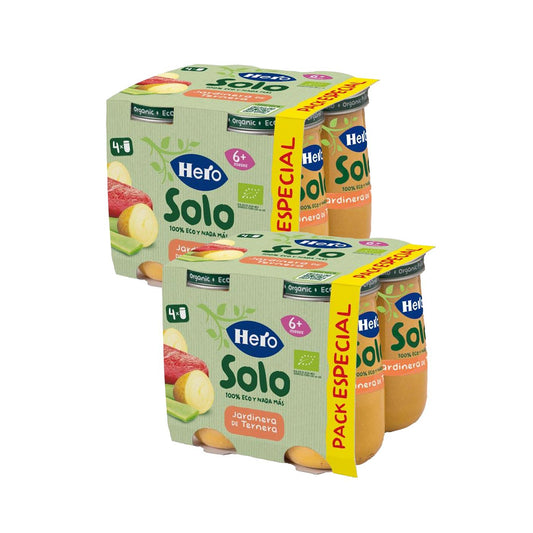Pack 2x Tarritos Ecológicos de Jardinera con Ternera, Pack de 4x190gr. Hero Solo