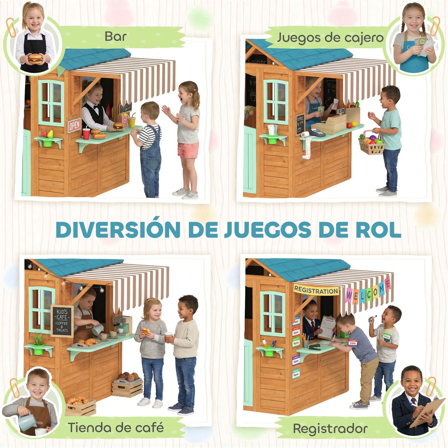 Aiyaplay Casita Infantil Exterior De Madera Con Barra De Snack Maceteros Pizarra_5