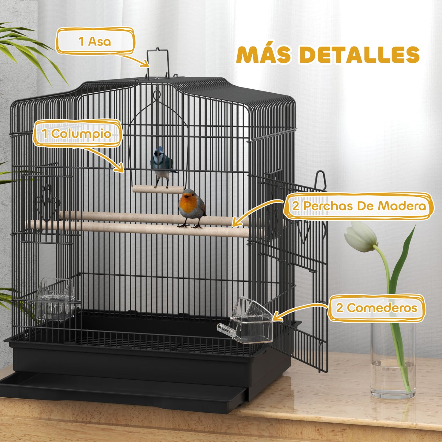 Pawhut Jaula Para Pájaros 46,5x36x59 Cm Con Puertas Y Bandeja Extraíble Negro_5