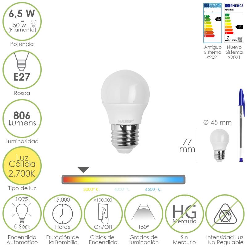 Bombilla Led Esfera Rosca E27. 6.5 Watt. Equivale A 50 Watt. 806 Lumenes. Luz Calida 3000º K._0