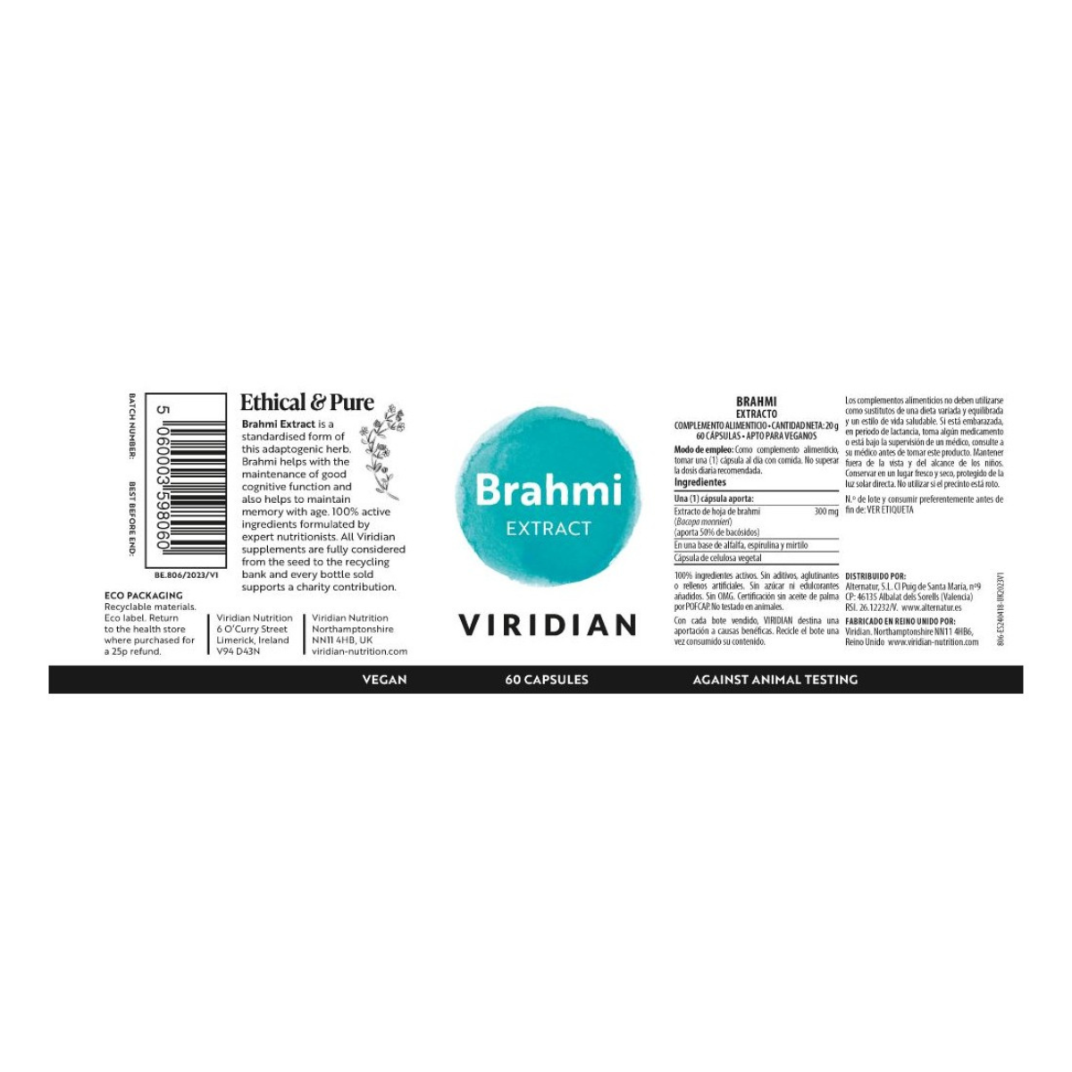 Brahmi extracto Viridian 60 cápsulas