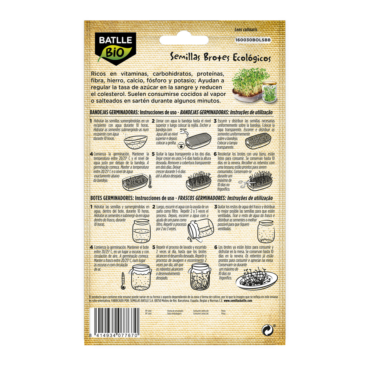 Semillas de Lenteja ecológicas para germinados Batlle
