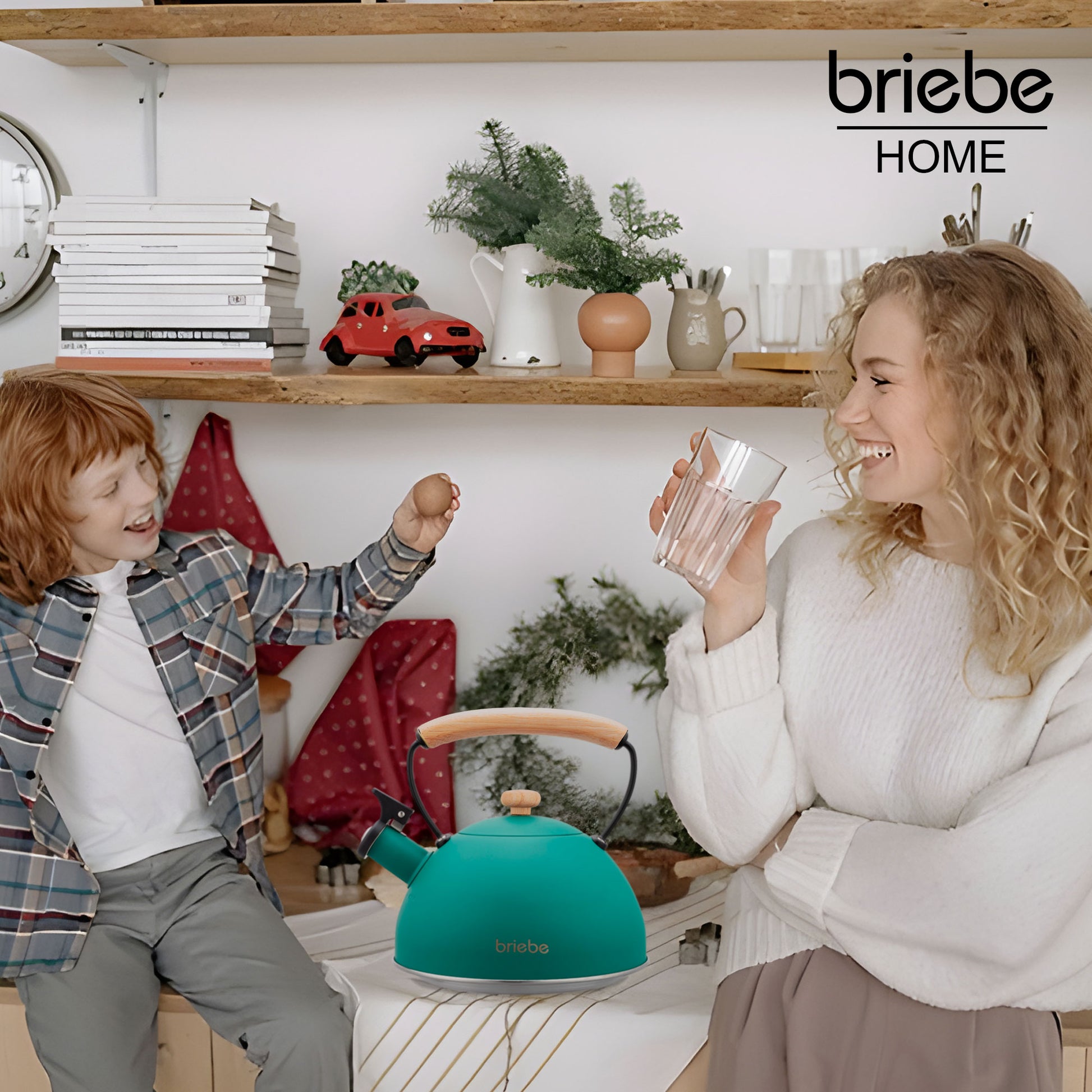 Tetera Con Silbato, Hervidor De Agua 2,5l, Inducción, Acero Inox, Vintage, Mango Madera, Briebe, Nordic, Verde