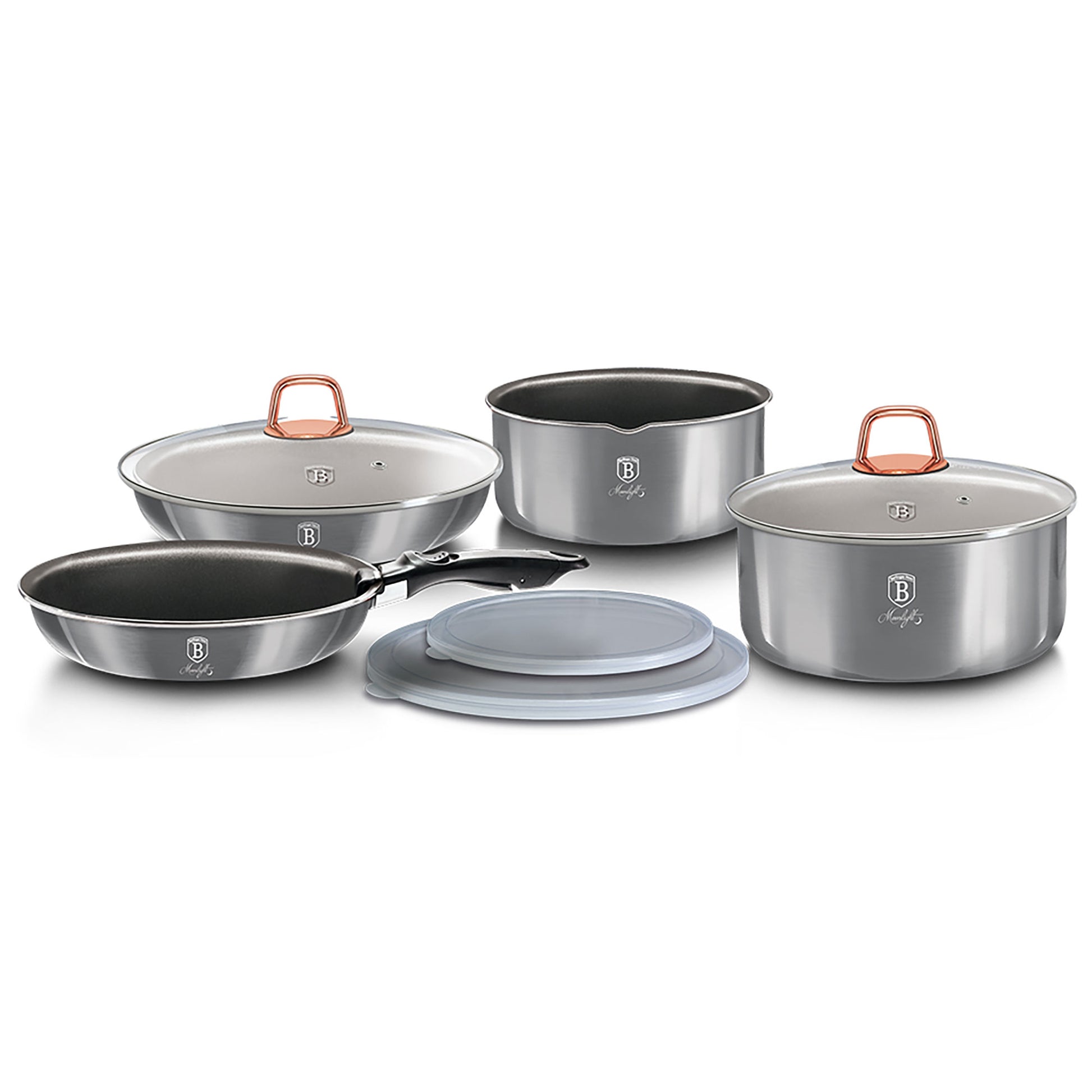 Batería De Cocina Aluminio Forjado 9 Piezas, Inducción, Asa Extraíble, Cazuelas Apilables Tapas Berlinger Haus Moonlight Gris