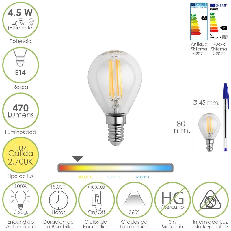Bombilla Led Filamento Esfera Rosca E14. 4,5 Watt. Equivale A 40 Watt. 470 Lumenes. Luz Cálida (2700º K.)_0