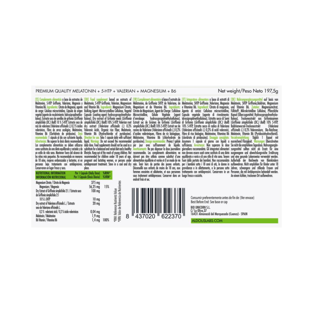 Melatonina con Magnesio, 5-HTP, Valeriana y Vitamina B6, 250 caps. Aldous Labs