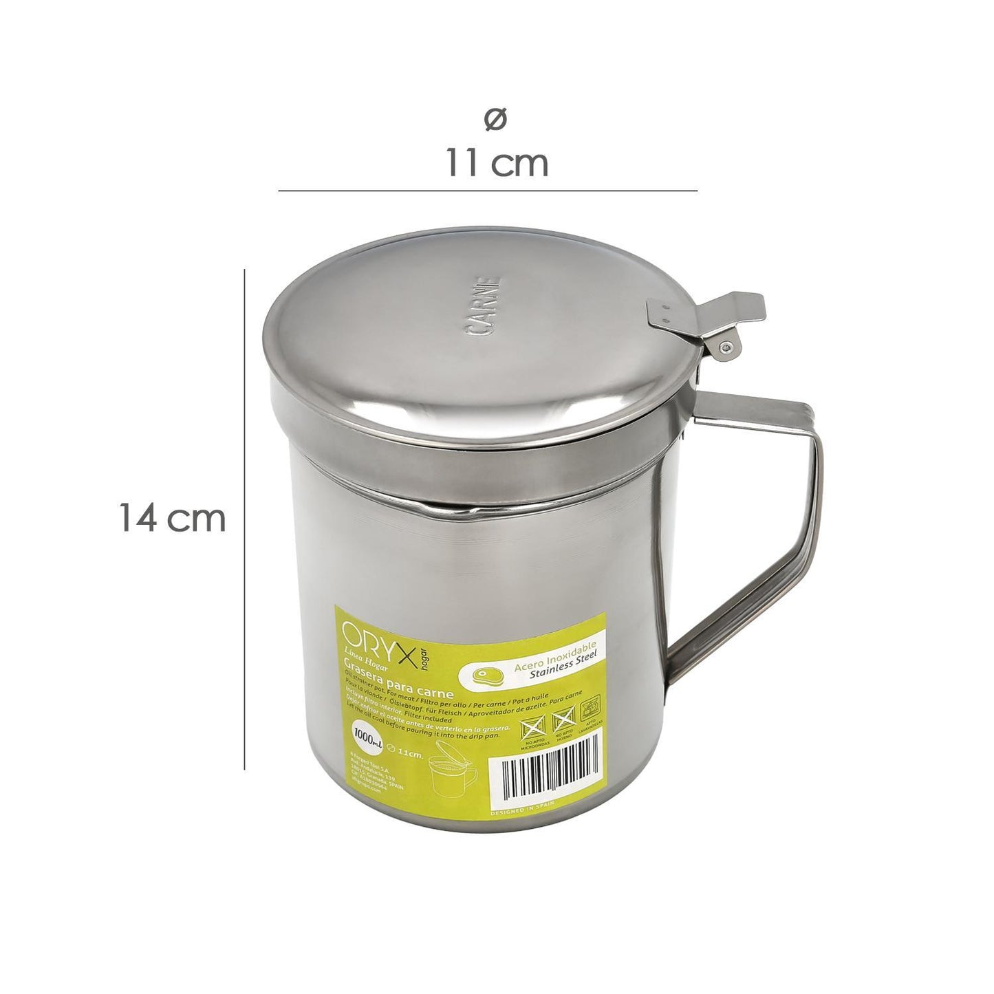 Grasera Acero Inoxidable Para Carne, Aceitera Aceite Usado 1,0 Lts. Con Colador Y Tapa, Recipiente Reciclaje Aceite Usado Carne