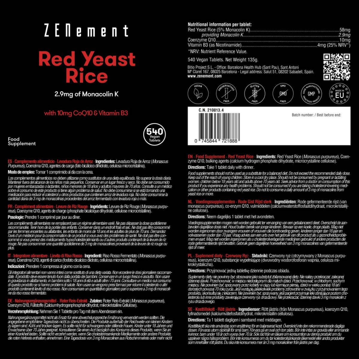 Levadura roja de arroz, con 2,9 mg de Monacolina K + 10 mg de CoQ10 + 4 mg de VItamina B3 Zenement, 540 comprimidos