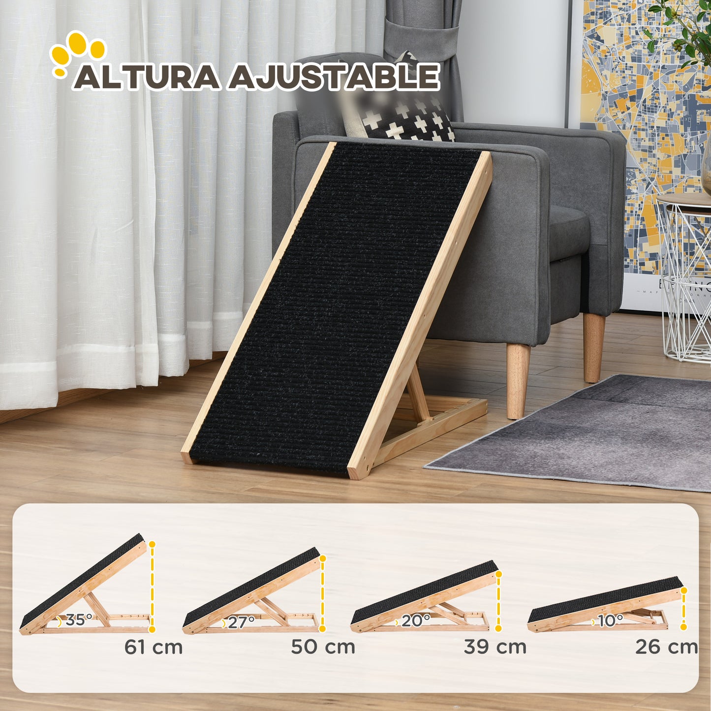Pawhut Rampa Plegable Perros Madera Antideslizante Altura Ajustable 90x40x61 Cm_5
