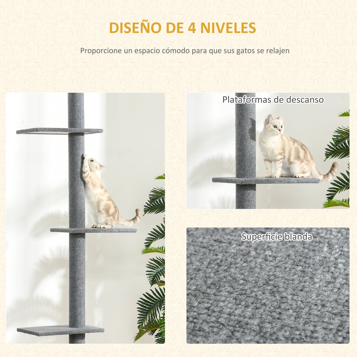 Pawhut Árbol Para Gatos Del Suelo Al Techo 43x27x228-260 Cm Con Altura Ajustable_5