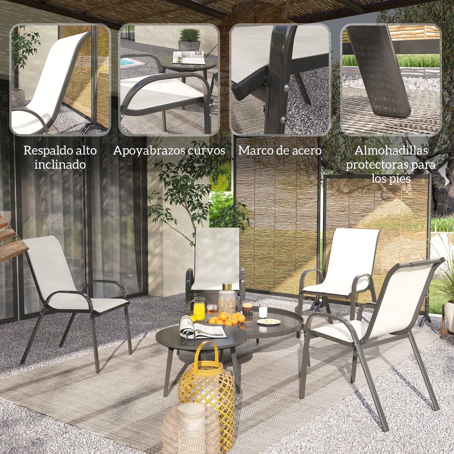 Outsunny Juego De 4 Sillas Jardín Exterior Apilables 54x71x93 Cm Beige Y Negro_5
