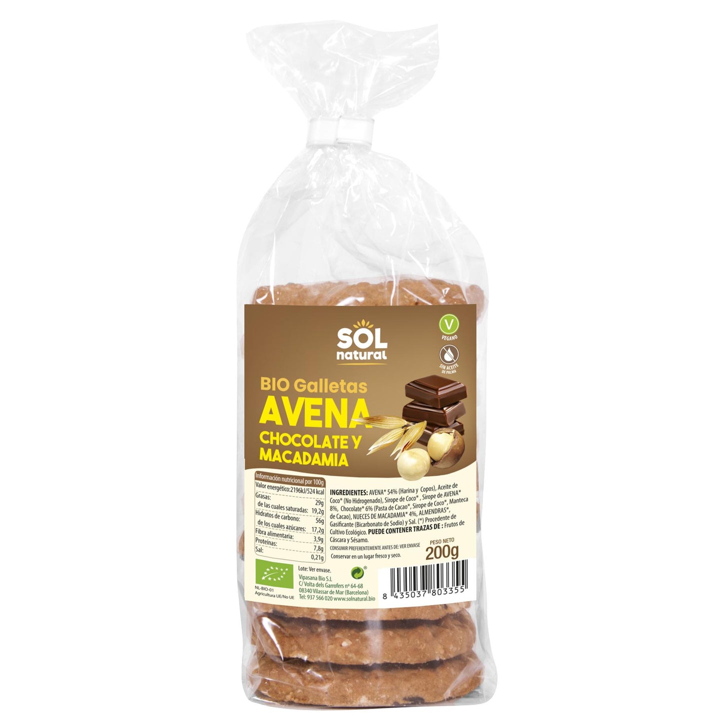 Galletas de avena con chocolate y macadamia bio Sol Natural 200 g