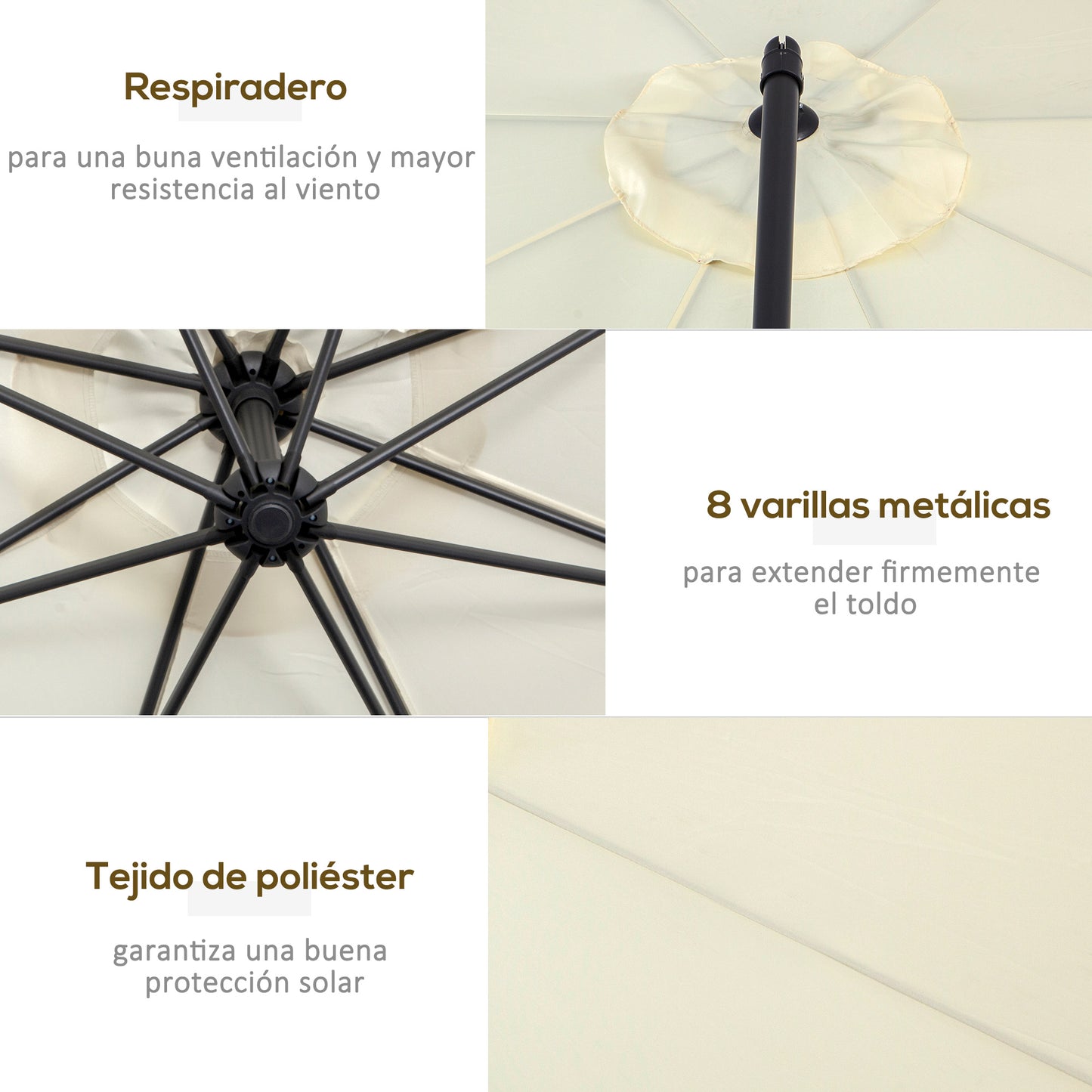 Outsunny Sombrilla De Jardín Ø300x250cm Inclinable Manivela Base Cruzada Beige_5