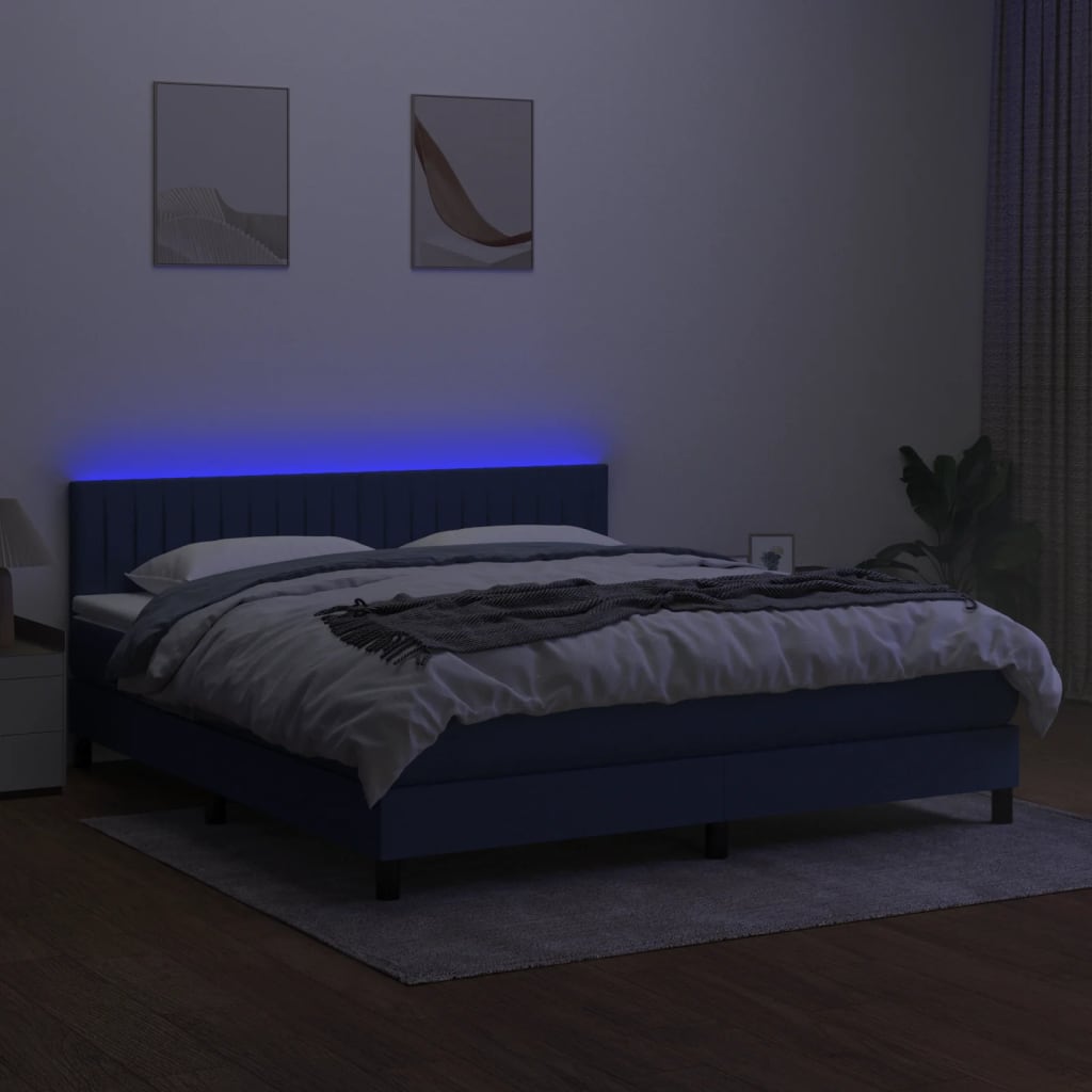 Cama Box Spring Colchón Y Luces Led Tela Azul 180x200 Cm / Vetonek_5