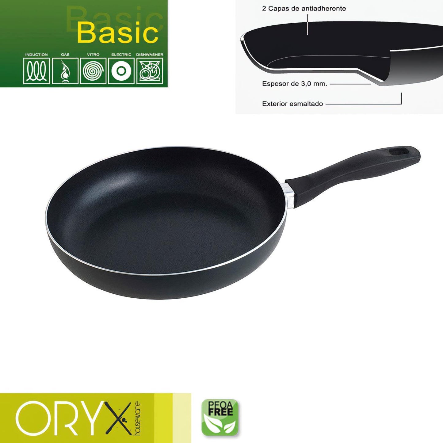 Oryx Sartén Aluminio Antiadherente Basic, Alta Resistencia, Apta Inducción, Libre Pfoa, Diámetro 26 Cm, Espesor 3 Mm.