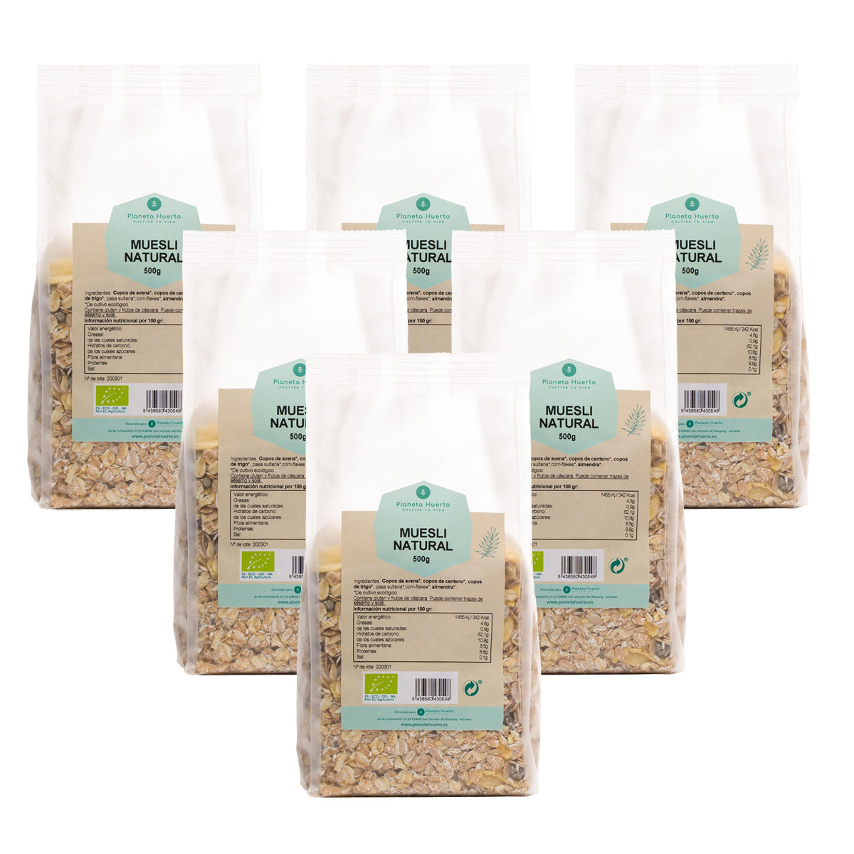 Pack 6x Muesli natural con pasas ECO Planeta Huerto 500 g
