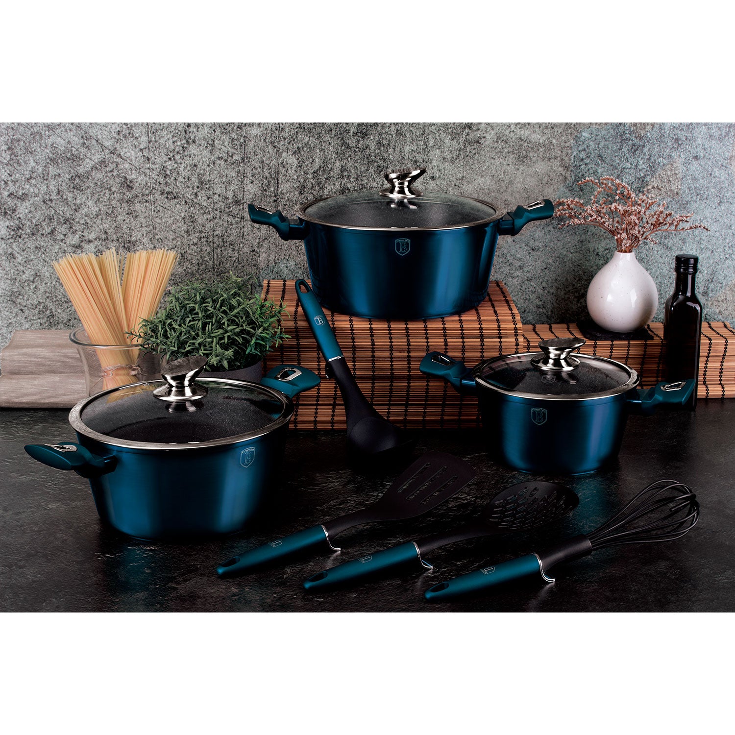 Batería Cocina Inducción 10 Piezas, Antiadherente Mármol Sin Pfoa, Aluminio, Cazuelas Sartenes Berlinger Haus Aquamarine Azul Marino