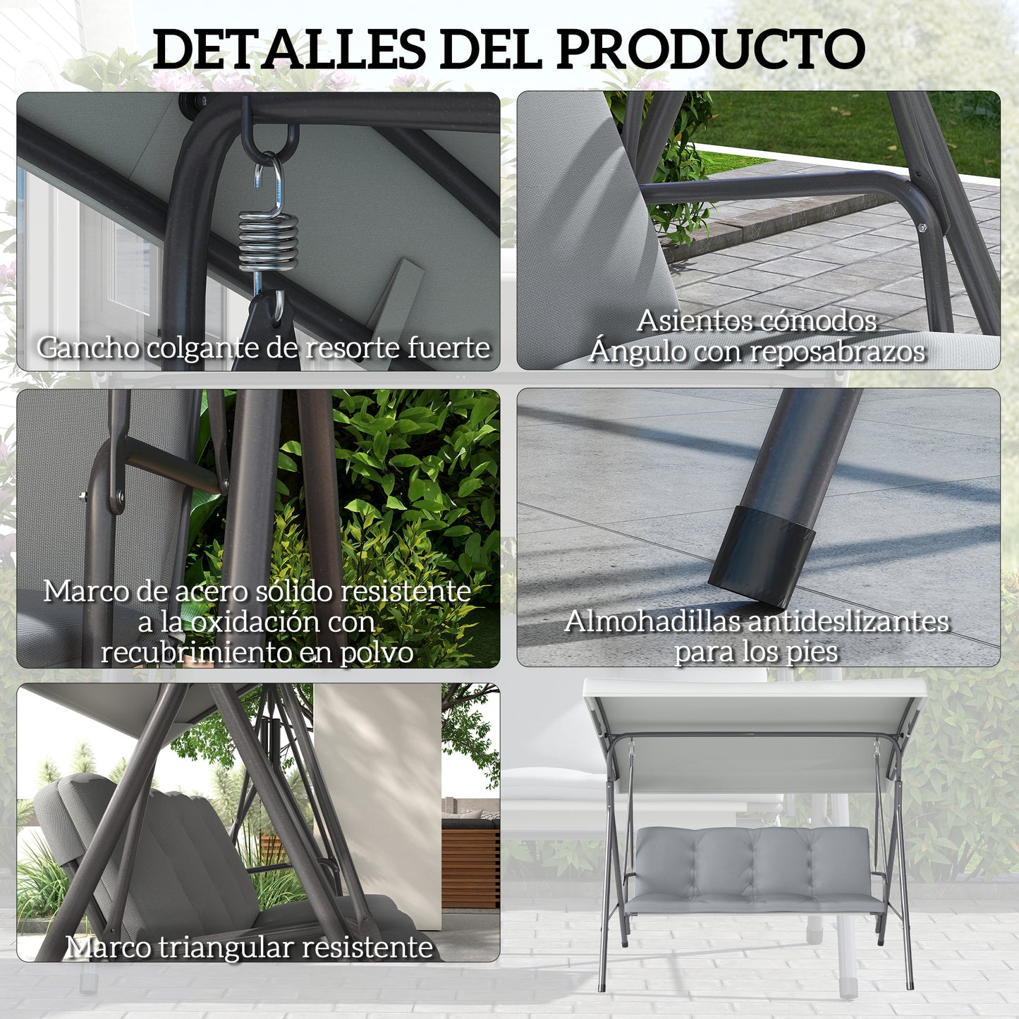 Outsunny Columpio De Jardín De 3 Plazas Con Techo Ajustable 172x110x156 Cm Gris_5