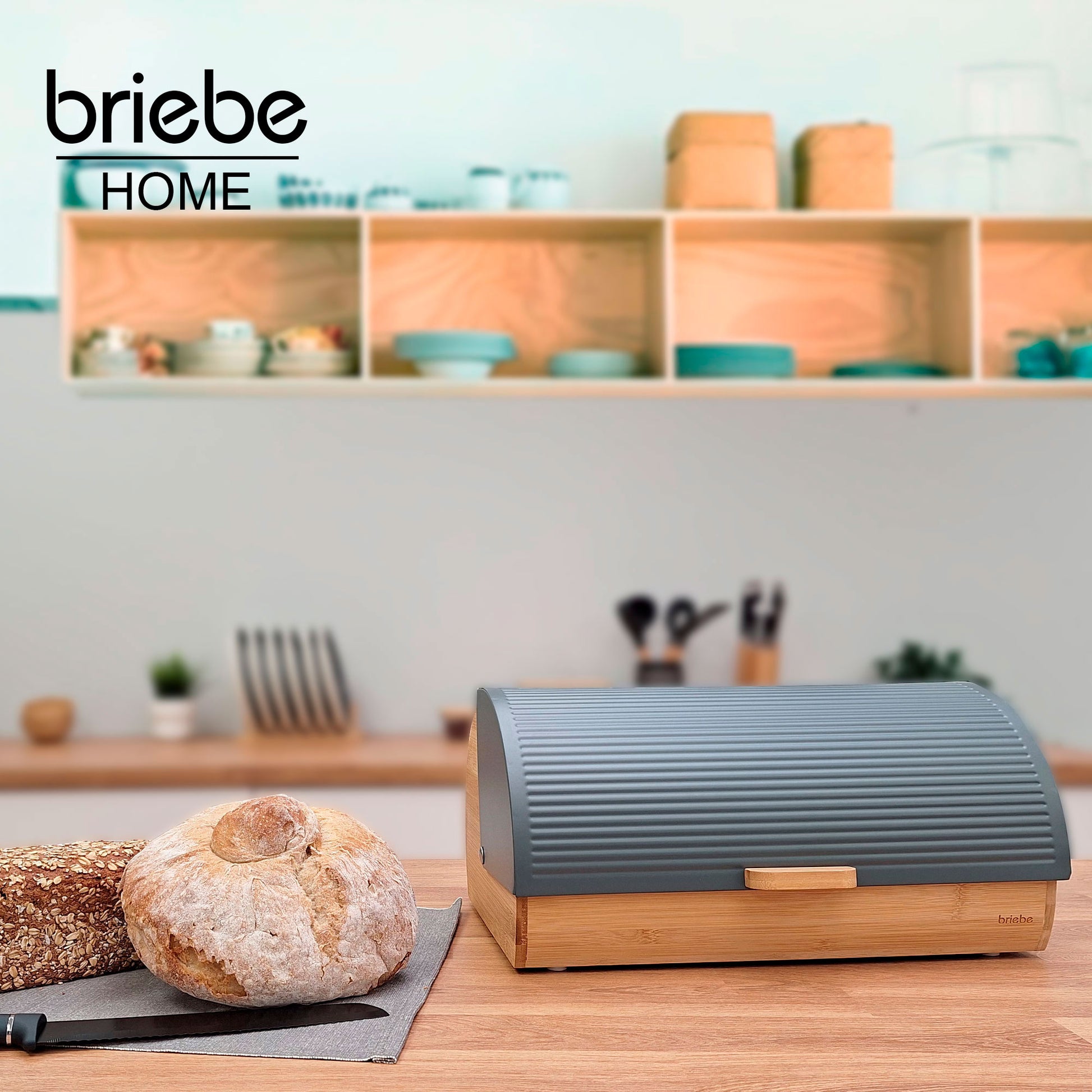 Panera Para Guardar Pan De Mesa Madera Bambú, Tapa Deslizante Bread Box Almacenamiento Bollería, Briebe, Bb1162, Gris